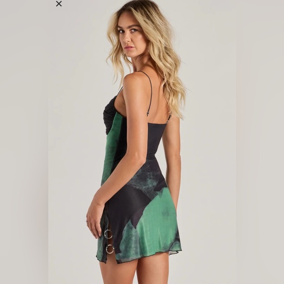 Windsor Green Abstract Y2K Print Mesh Mini Dress retro look! Ring Accent NWT - Picture 2 of 5